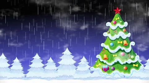 Animated Christmas Tree in Winter Forest with Falling Rain and Clouds Stock Footage 340195068