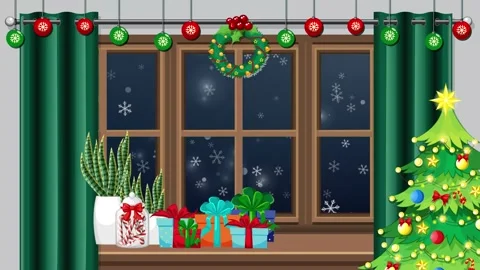 Animated Christmas Window Scene with Falling Snow and Decorated Tree 스톡 동영상 345120944