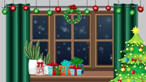 Animated Christmas Window Scene with Falling Snow and Decorated Tree 스톡 동영상 345197635