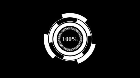 Animated circle with 100 percent loading indicator and white lines on black.. 스톡 일러스트