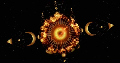 Animated Circle of a moon phases and radiant Sun, gold sacred geometry Stock Footage 239766575