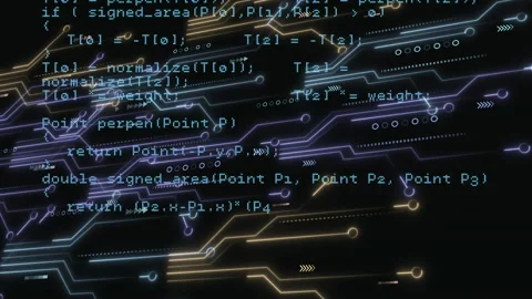 Animated circuit backdrop opening and scrolling C++ code revealing HTTP Stock Footage 310644182