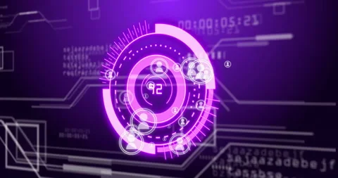 Animated circular elements and user icons on digital interface, purple Stock Footage 303539118