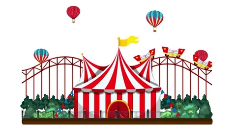 Animated circus tent with roller coaster and hot air balloons rising in bri.. Stock Footage 332586360