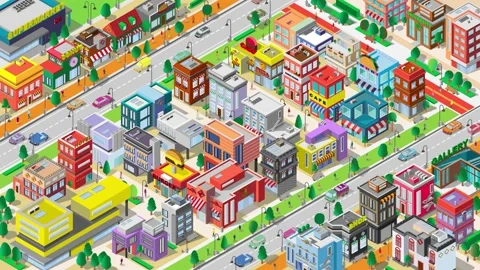 Animated city. City isometric style with cars roads looped animation. Stock Footage