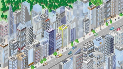 Animated city. City isometric style with cars roads looped animation. Stock Footage