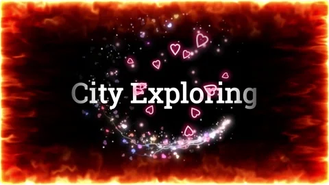 Animated city exploring text overlay with fiery border with multicolored heart Stock Footage 338381784