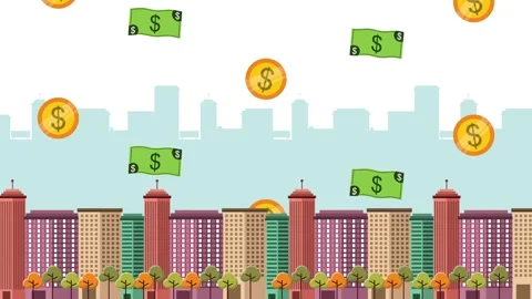 Animated city landscape background with falling gold coins and dollar bills.. Stock Footage 334527721