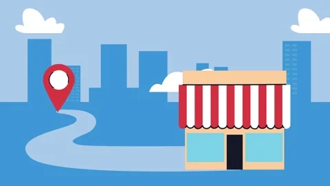 Animated city landscape featuring store building with location pin and road.. Stock Footage 333718216