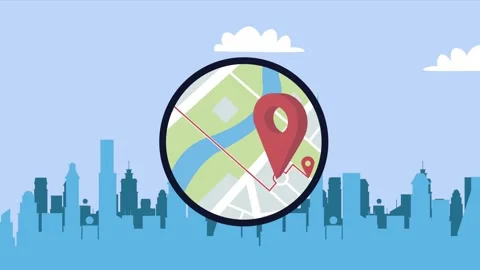 Animated city map pin marker tracking location in modern urban cityscape ba.. Vídeos de archivo 334540216