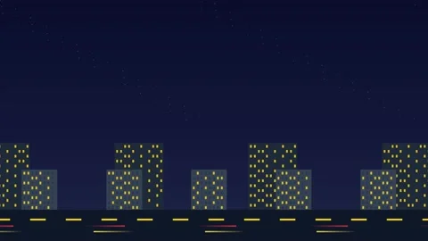 Animated city skyline at night with moving traffic loop Stock Footage 345594802