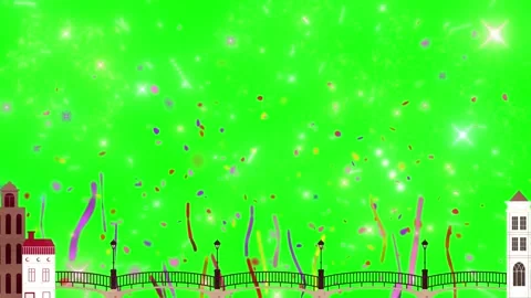 Animated cityscape celebration featuring fireworks and falling confetti over Stock Footage 344240560
