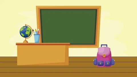 Animated classroom scene with chalkboard desk globe and backpack appearing .. Stock Footage 339256862