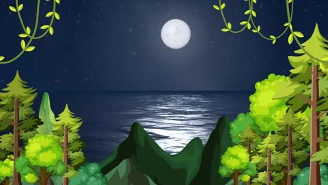 Animated Clear Night Sky Loop with Full Moon Over Ocean and Forest Stock Footage 345124957