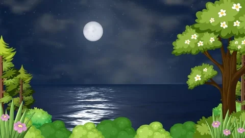 Animated Clear Night Sky Loop with Full Moon Over Ocean and Forest Stock Footage 346119856