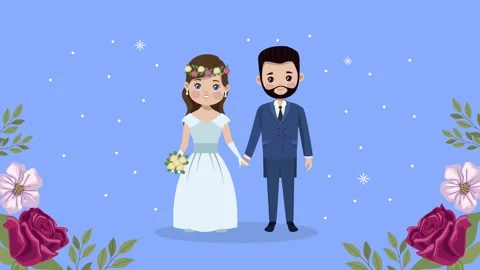 Animated clip of happy bride and groom holding hands, surrounded by bloomin.. Stock-Footage 338399361