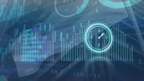 Animated clock and graphs on alpha channel with kaleidoscope for business tech Stock Footage 330179246