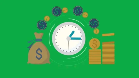 Animated clock with dollar coins and money bag on green screen time is money con Stock Footage 332282570