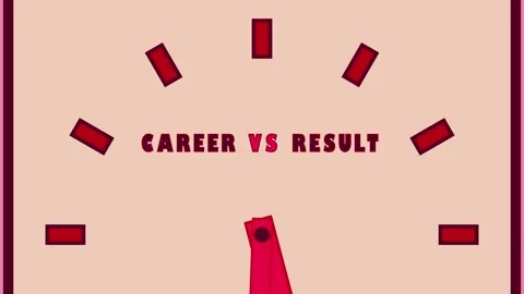 Animated clock hands move around a face displaying Career vs Result, symbolizing Stock Footage 335079259