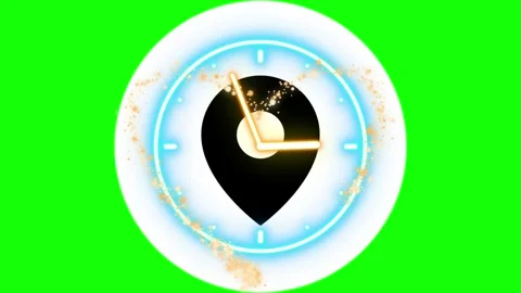 Animated clock icon with a location pin symbol, glowing light effects, and a Stock Footage 337464554