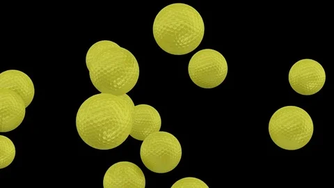 Animated close up of yellow golf balls flying in slow motion - front view Stock Footage 82203342