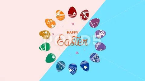 Animated closeup Happy Easter text and egg on rose and blue background Stock Illustration
