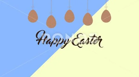 Animated closeup Happy Easter text and egg on yellow and blue background Stock Illustration