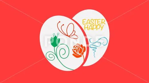 Animated closeup Happy Easter text and egg on red background Stock Illustration