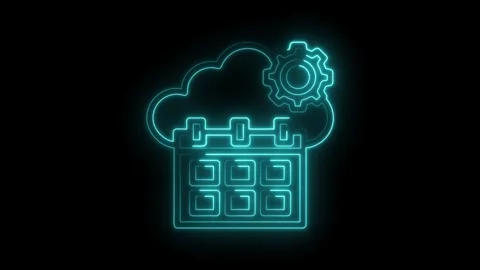 Animated cloud calendar with gear icon glowing neon style on black background 스톡 동영상 322974682