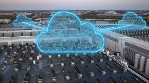 Animated cloud computing graphic over an Ashburn data center Stock Footage 346193015