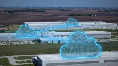 Animated cloud network visualization connecting large data center infrastructure Stock Footage 346182799