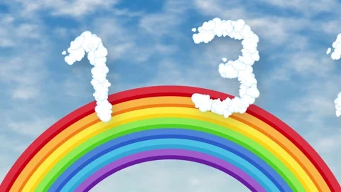 Animated Cloud Numbers Floating Over a Colorful Rainbow in Blue Sky Stock Footage 341066955