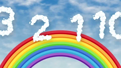 Animated Cloud Numbers Floating Over a Vibrant Rainbow in Blue Sky Stock Footage 342923992