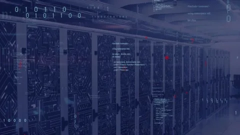 Animated code, binary and red markers starting over racks in DC, drifting and Vidéo 332566494