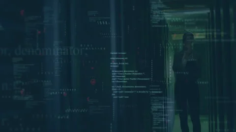 Animated code opening as mid-adult woman walking data center corridor scanning Stock Footage 313169731