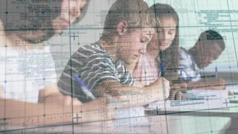 Animated code overlay appearing, guiding students writing notebooks for tech Stock Footage 320127965