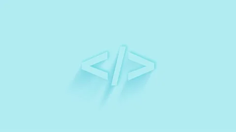 Animated coding code html programming language icon with shadow on blue Stock Footage 159829412