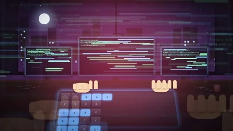 Animated Coding Workspace with Hands Typing on Keyboard and Holographic Code Stockbeeldmateriaal 341454670