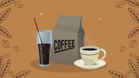 Animated coffee bag, iced drink and hot coffee cup with steam, slow motion .. Stock Footage 334528618