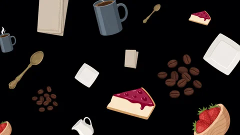 Animated Coffee Break Pattern Cake Coffee Beans and Strawberries on Black B.. 库存影片 344486988