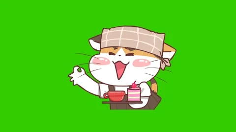 Animated Coffee Shop Cat Serving Cake and Coffee - Green Screen Stock Footage 282777623