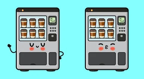 Animated coffee vending machine characters with happy and kissing faces Illustrazione stock