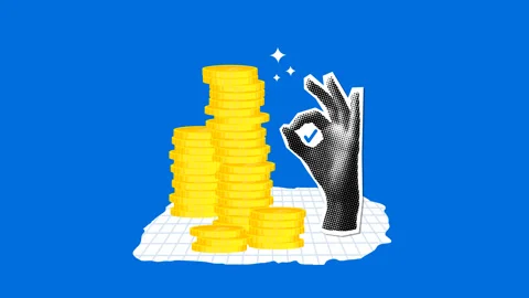 Animated collage with stacks of coins and halftone hand showing ok sign Stock Footage 328411269