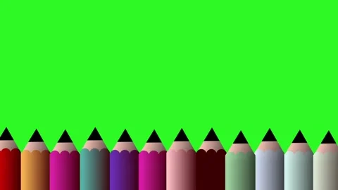 Animated colored pencils appear in a row at the bottom of a green screen. Stock Footage 315542296