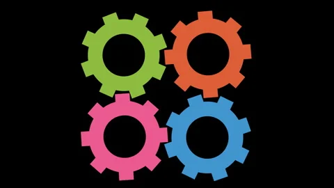 Animated colorful cogwheels combined in group of four elements spinning on black Stock Footage 252198175