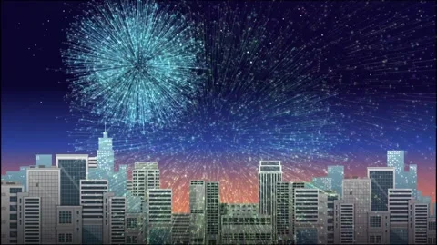 Animated colorful fireworks exploding over city skyline at night with dark .. Stock Footage 333618149