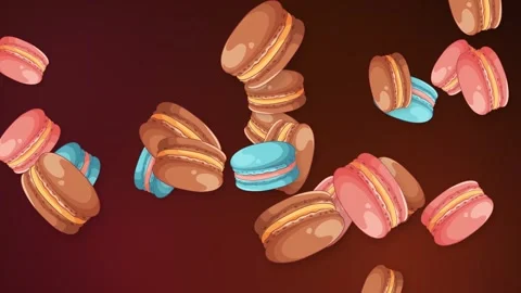 Animated Colorful Macarons Falling Against a Dark Red Background Stock Footage 345125052