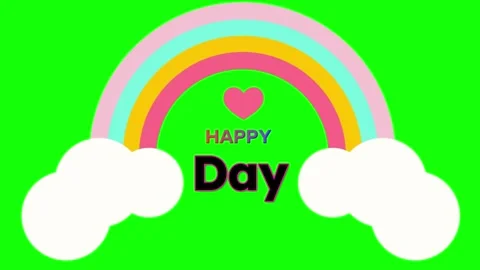Animated colorful rainbow with white clouds and text overlay on a solid green Stock Footage 346338555