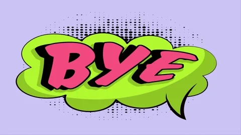 Animated comic book style speech bubble with the word bye on a purple backg.. Stockbeeldmateriaal 346724617
