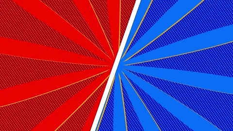 Animated Comic Pop Art Split Screen Background with Red and Blue Sunbursts Video stock 330991444